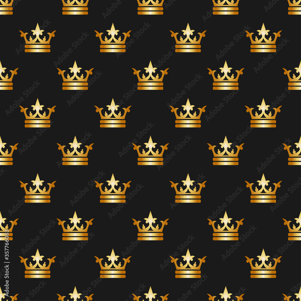 Royal Background Pattern | Gold Crowns On Black | Elegant Seamless Pattern