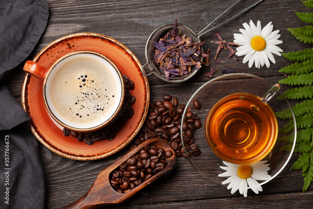 Herbal tea in teapot and cup and espresso coffee - obrazy, fototapety, plakaty 