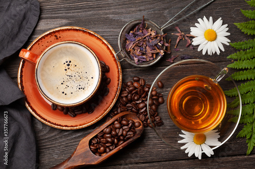 Cuadro en lienzo Herbal tea in teapot and cup and espresso coffee