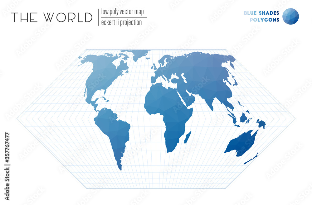 Low poly world map. Eckert II projection of the world. Blue Shades colored polygons. Modern vector illustration. Low poly world map. Eckert II projection of the world. Blue Shades colored polygons. Modern vector illustration.
