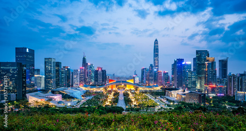 Shenzhen  China city skyline at twilight.