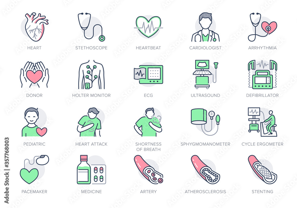 Cardiology line icons. Vector illustration included icon as heart attack, ecg, doctor, pacemaker, defibrillator outline pictogram for cardiovascular clinic. Editable Stroke, Green Color - obrazy, fototapety, plakaty 