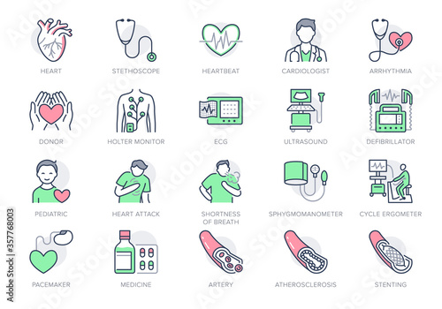 Cardiology line icons. Vector illustration included icon as heart attack, ecg, doctor, pacemaker, defibrillator outline pictogram for cardiovascular clinic. Editable Stroke, Green Color