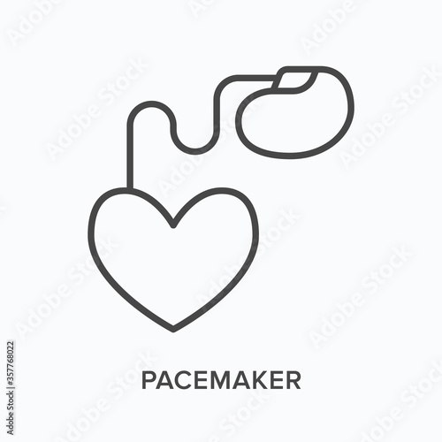 Pacemaker flat line icon. Vector outline illustration of heart with pace maker. Cardiovascular, cardiology thin linear medical pictogram