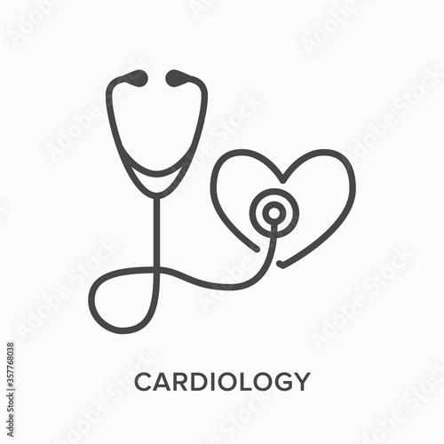 Stethoscope with heart flat line icon. Vector outline illustration of listening to heartbeat. Cardiovascular, cardiology clinic thin linear medical pictogram
