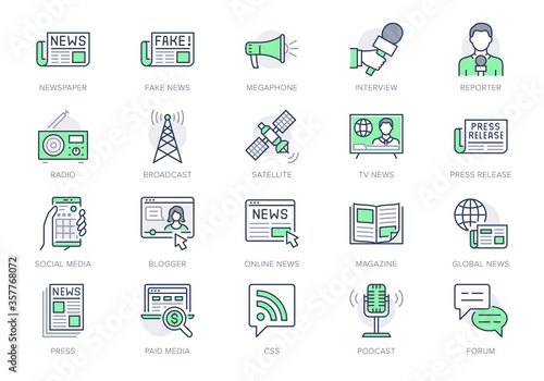 News line icons. Vector illustration included icon as newspaper, mass media, journalist, fake, television broadcasting outline pictogram for online press. Editable Stroke, Green Color