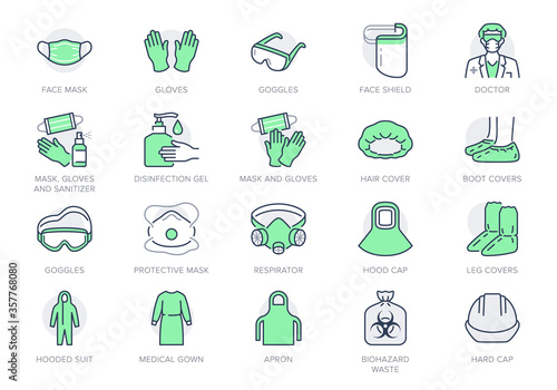 Medical PPE line icons. Vector illustration included icon as face mask, gloves, doctor gown, hair cover, biohazard waste, outline pictogram of protective equipment. Editable Stroke, Green Color