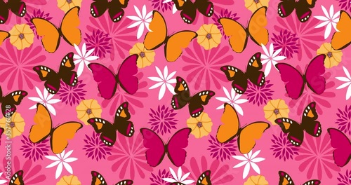 Jungle seamless pattern with butterflies, flowers on pink background. Loop animation 4K