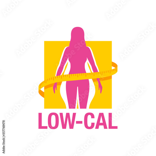 Low-cal (low calorie) dietary food products emblem - weight loss  female silhouette (fat and shapely figure) with measuring tape around - isolated vector logo