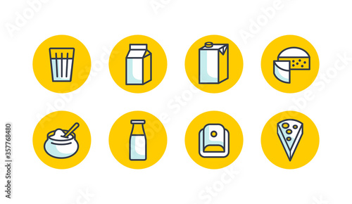 Dairy products icons set - milk glass, cheese, sour cream, kefir bottle and other milk packaging - vector collection