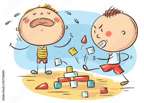 Kids behavior, conflict, one child being naughty and aggressive and another crying, colorful cartoon illustration
