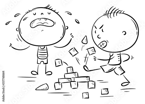 Kids behavior, conflict, one child being naughty and aggressive and another crying, outline cartoon illustration