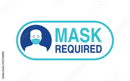 Mask required warning prevention sign - human face silhouette with protective mask in rounded frame - isolated vector information signboard
