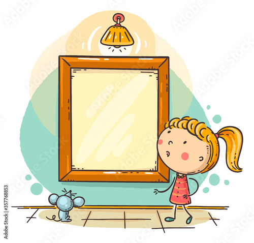 Little girl looking at the picture frame with a copy space for your design, colorful vector illustration