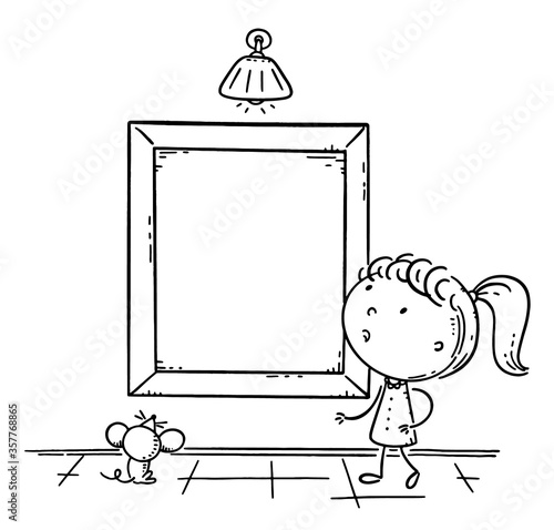 Little girl looking at the picture frame with a copy space for your design, outline vector illustration