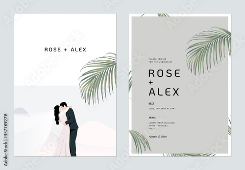 Minimalist, foliage wedding invitation card template design, wedding photo decorated with indoor palm leaves