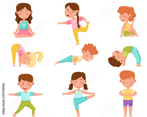 Little Boy and Girl Standing in Yoga Pose Breathing Deeply Vector Illustrations Set