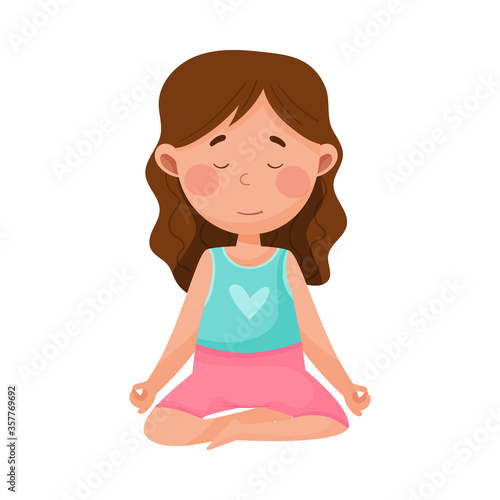 Little Girl Character Practising Yoga Stretching and Breathing Vector Illustration