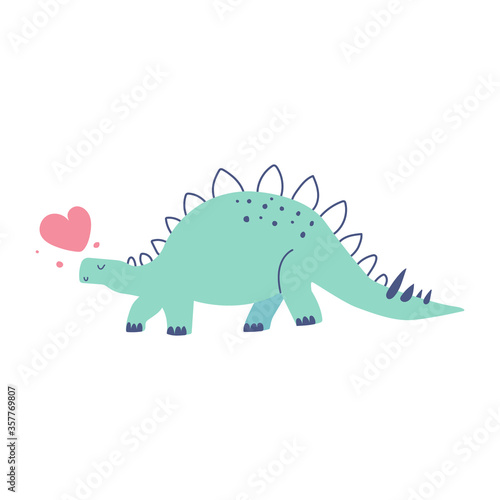 Cute blue dinosaur with heart for nursery design. Flat vector illustration isolated on white background. Hand drawn concept.