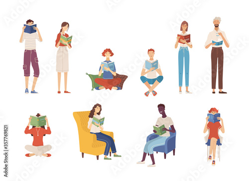 People reading books while sitting or standing