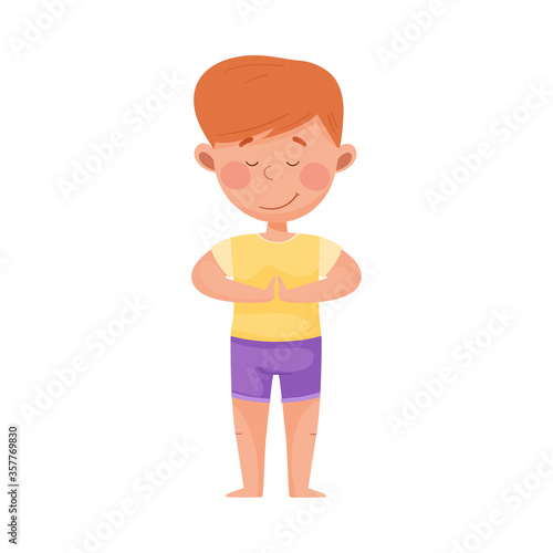 Little Boy Character Practising Yoga Stretching and Breathing Vector Illustration