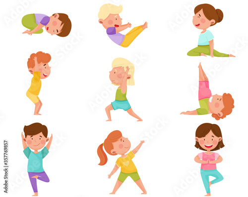 Little Boy and Girl Standing in Yoga Pose Breathing Deeply Vector Illustrations Set