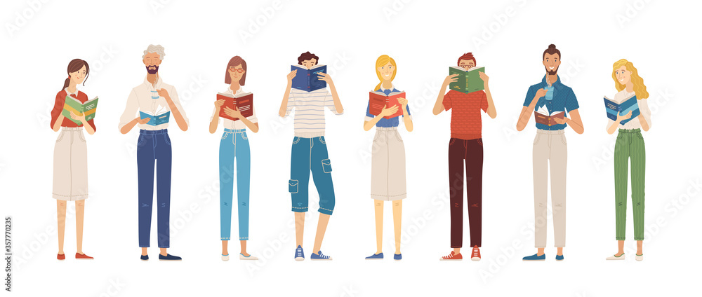 People standing and reading books