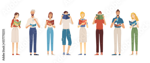 People standing and reading books