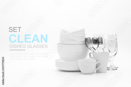 set clean dishes glasses on white