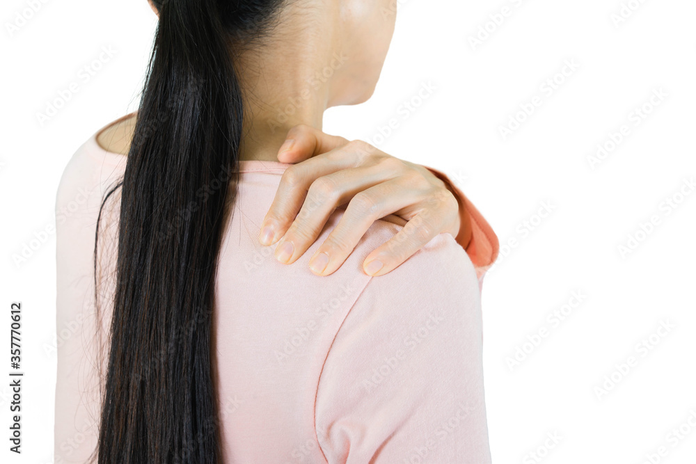 selective focus woman with neck pain.Acute pain in a female nape holding hand to spot of Behind the scruff.health care concept