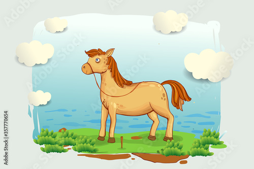 cartoon horse illustration in the meadow, blue sky and clouds, cover design, wallpaper, children book, vector cartoon illustration