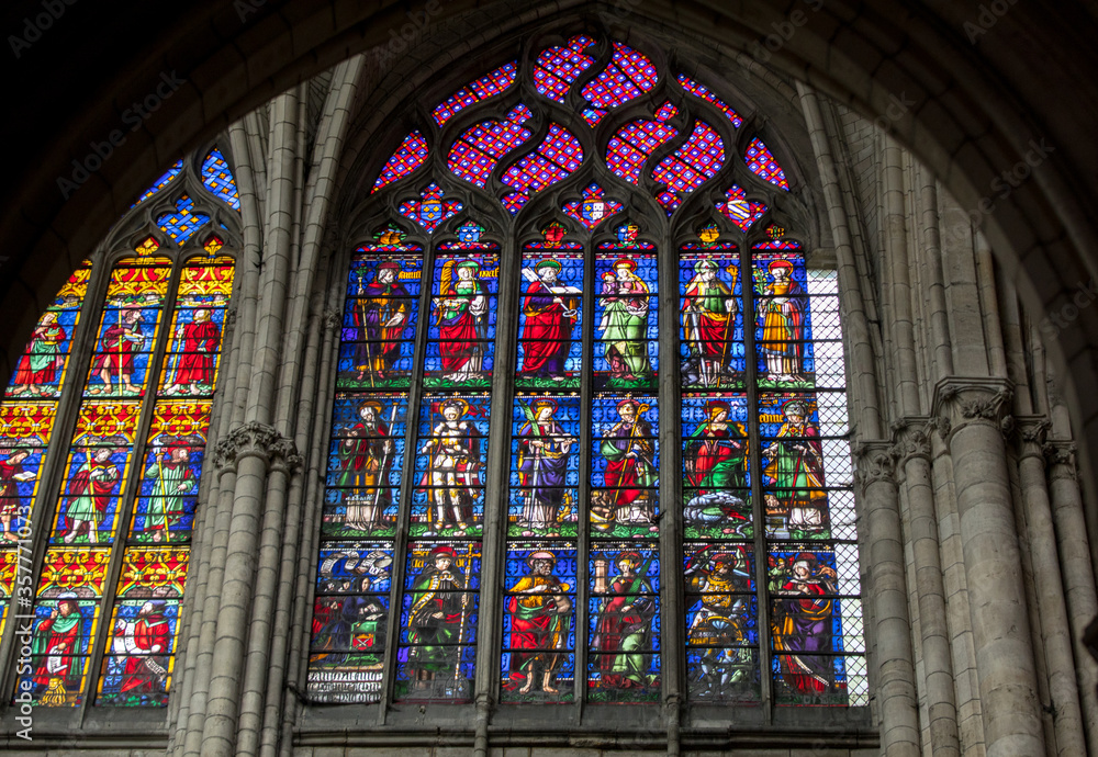  Colorful stained glass windows in Troyes Cathedral  dedicated to Saint Peter and Saint Paul. France.