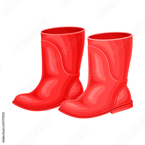 Pair of Red Rubber Boots for Walking Outside in Rainy Weather Vector Illustration