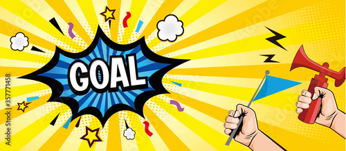 pop art comic goal with hand, air horn and flag isolated on yellow burst background