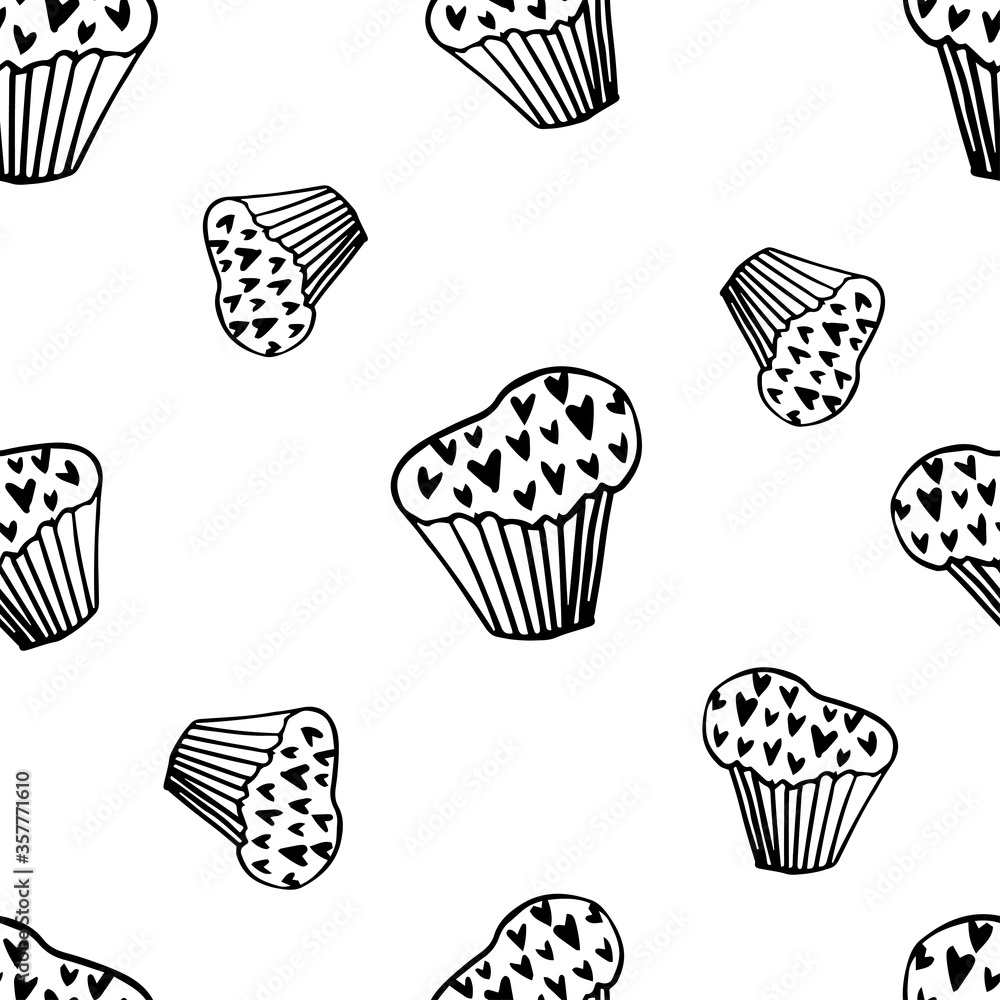 heart-shaped cupcake. Vector traced doodle illustration of a stylized cupcake on the theme of love and romance. Black and white drawing of dessert for valentines day