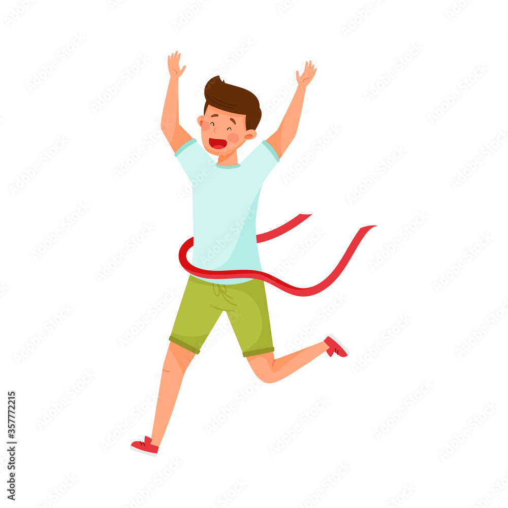 Man Character in Sportswear Running and Crossing Finishing Line Vector Illustration