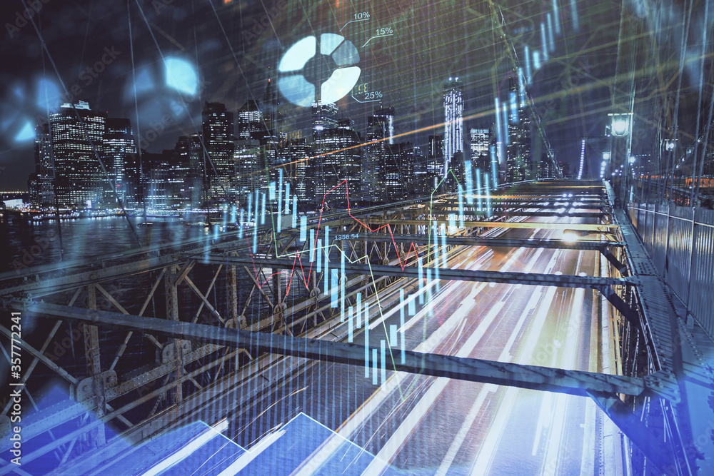 Obraz premium Forex chart on cityscape with tall buildings background multi exposure. Financial research concept.