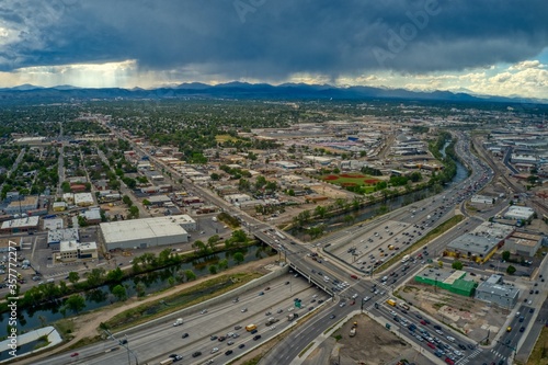 Aerial View of Denver skyline with Traffic on Rainy Day