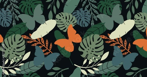 Seamless tropical vector pattern with butterflies and exotic palm leaves on dark background. Loop animation 4k