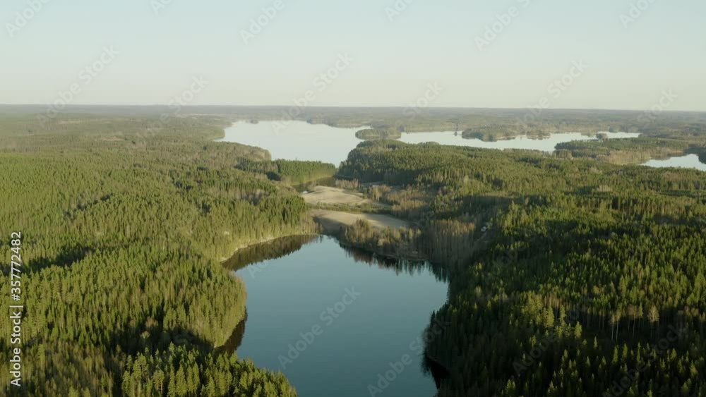 Aerial view of still lakes and surrounding forest in sunlight, Finland Aerial view of still lakes and surrounding forest in sunlight, Finland