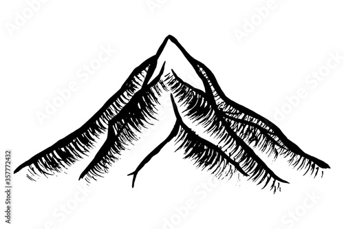 spiky mountain hand-drawn in black ink with brushes. Vector illustration of a lonely hill in the engraving style. Black-white drawing isolated on a white background.