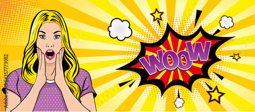 Pop art female face. Sexy young woman with yellow hair suprised, and OMG speech bubble on halftone. Vector colorful illustration in retro comic style