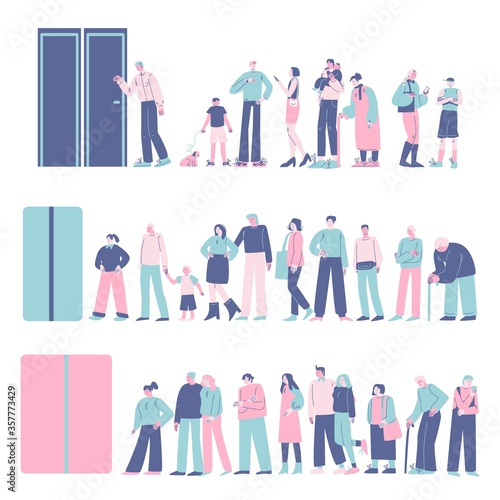 Different young, old, healthy and disabled people standing in queue