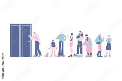 Different young, old, healthy and disabled people standing in queue waiting for turn