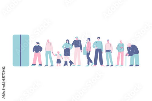 Different young, old, healthy and disabled people and children standing in queue