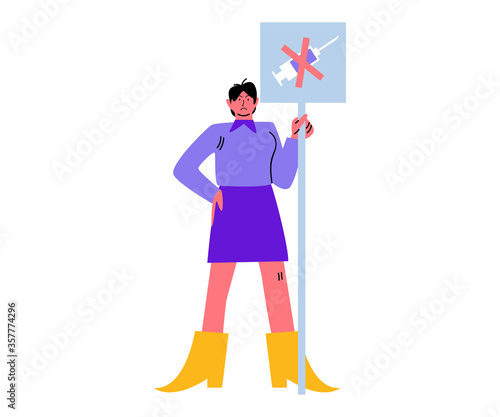 Displeased woman standing and protesting against vaccination with placard in hand