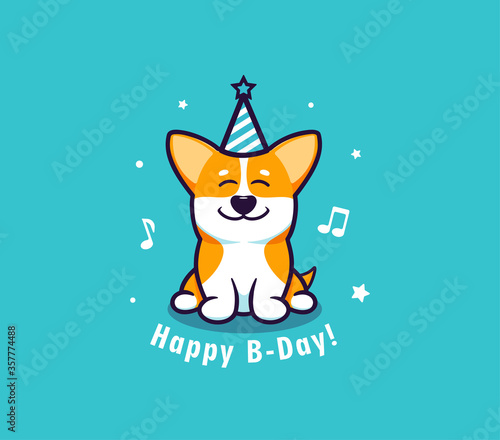 The logo Happy Birthday with dog. Logotype with funny corgi and lettering phrase.