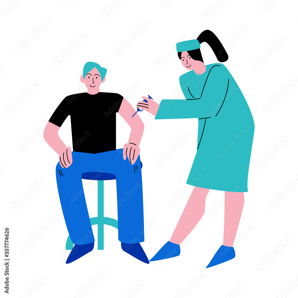 Doctor or nurse making vaccination injection in hand to young sitting man