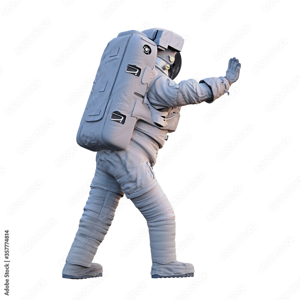 astronaut pushing an empty space isolated on white background