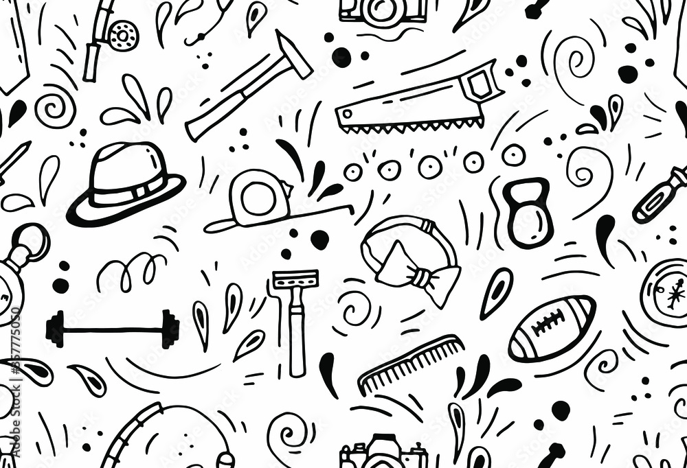 Daddy's day. Seamless pattern with male objects in doodle style. White background, isolate. Stock illustration.
